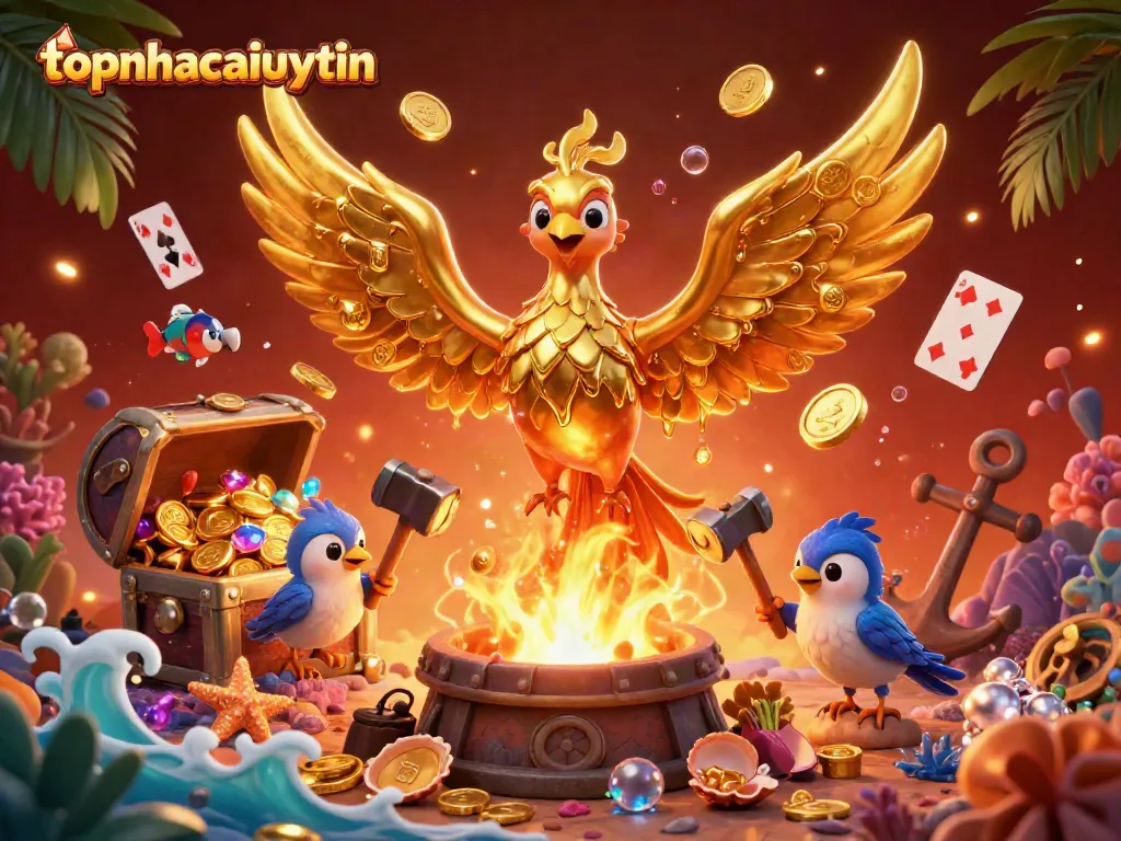 Experience topnhacaiuytin's dynamic casino illustration featuring a golden phoenix and treasures.