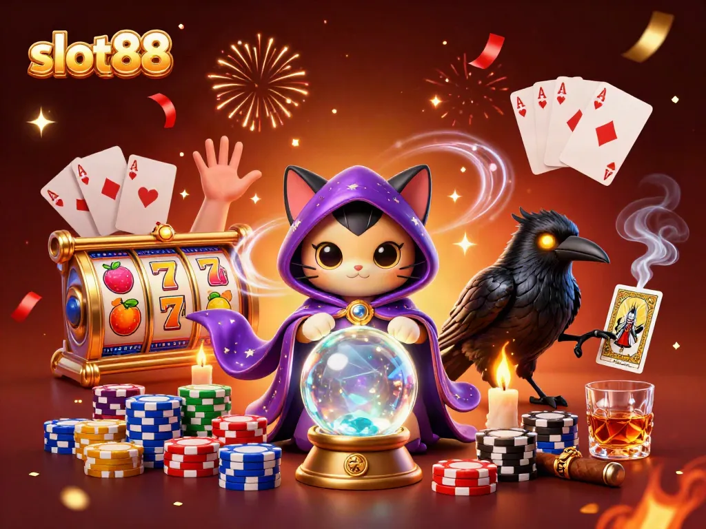 Pemain slot88 merayakan jackpot dengan kucing peramal bertema kasino, kucing dan burung gagak mistis, penuh warna.