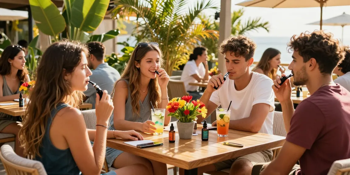Can you vape in Cyprus? A social gathering showcasing vape device, CBD oil, and a cheerful café atmosphere