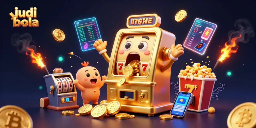 Experience judi bola with our dynamic 3D illustration showcasing a winning slot machine and cheering mini slots.