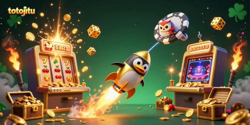 Engage with totojitu as a golden penguin advances towards a vibrant casino space station.