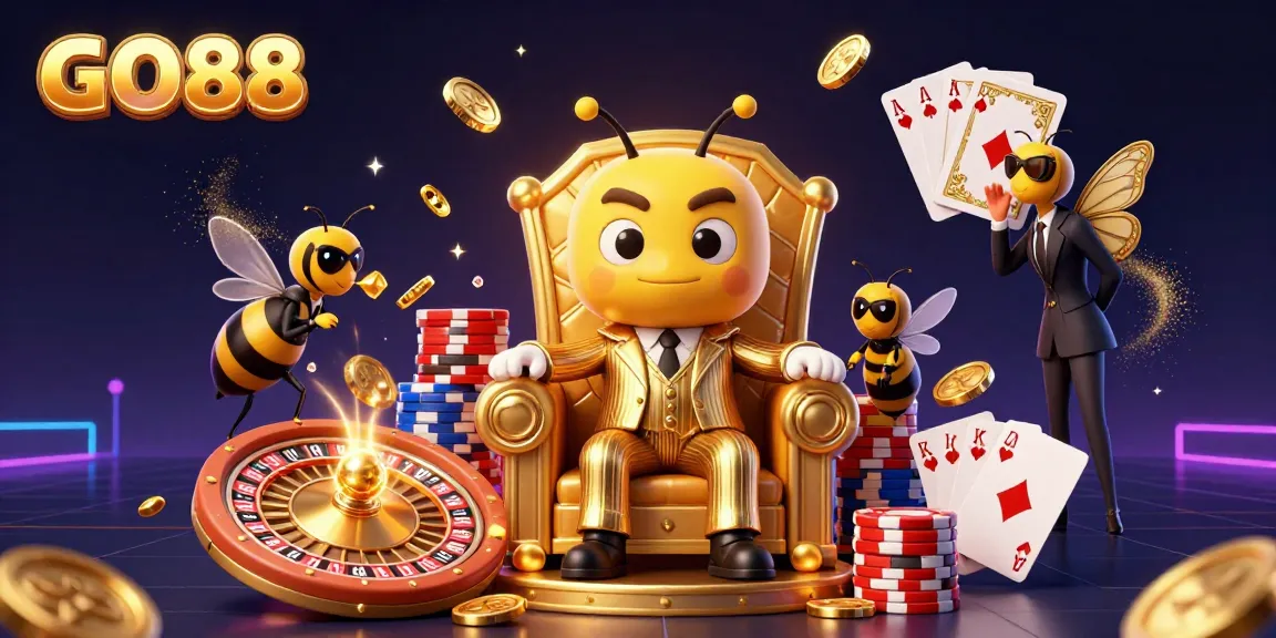 GO88 captivates players with a vibrant 3D casino scene featuring the bumblebee mob boss amidst cascading coins and poker chips.