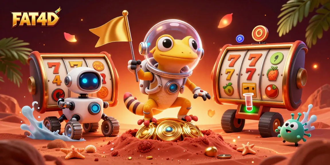 FAT4D showcases a Martian gecko winning at a golden casino with dynamic slots and vibrant elements.