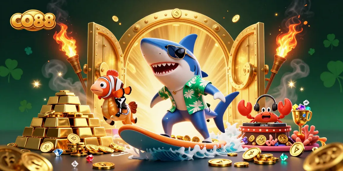 Engage with CO88’s vibrant casino world through a lively 3D illustration featuring energetic sea characters amidst gold and jewels.