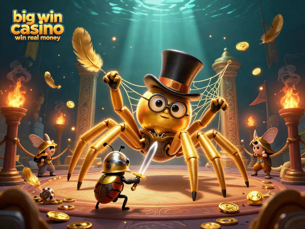 Win real money at big win casino with a cartoon scene of colorful characters and exciting gambling elements.