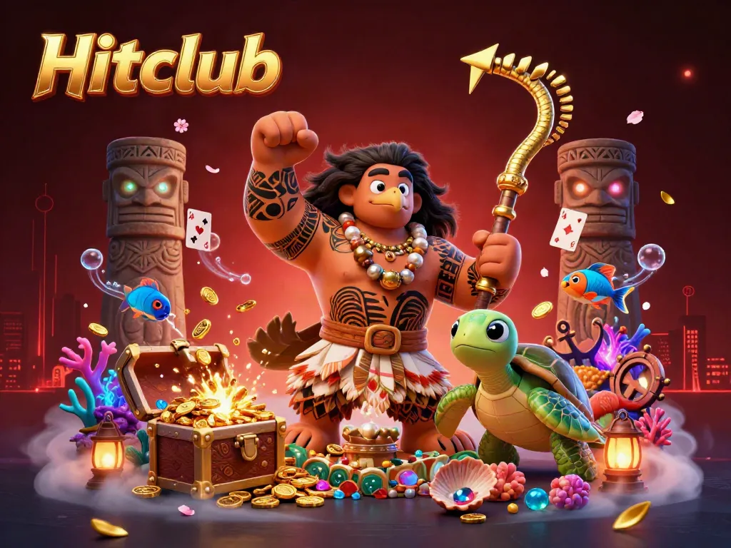 Join the vibrant world of Hitclub with a demigod hawk and turtle surrounded by treasures and games.