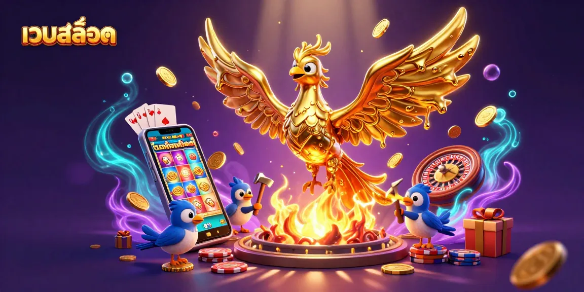 Experience the thrilling action of เว็บสล็อต with golden phoenix slot gameplay surrounded by vibrant gaming items.