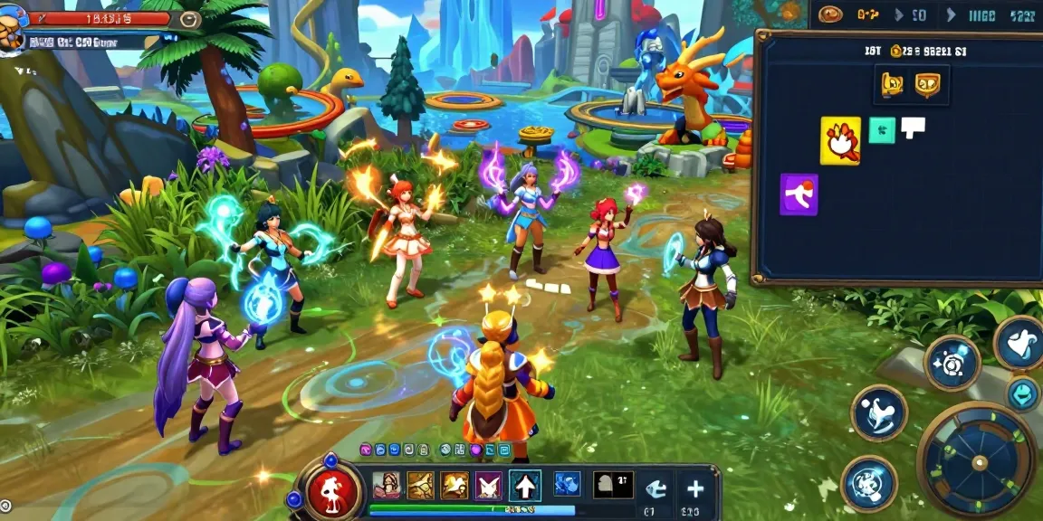 Engaging female hentai game scene depicting diverse characters in a fantasy RPG environment with vibrant colors and magical elements.
