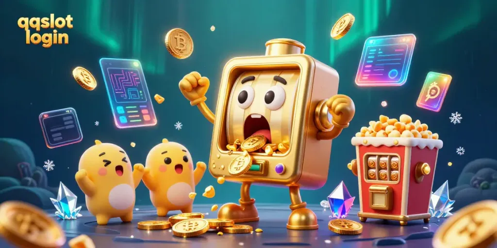 Experience the thrilling moment of qqslot login as a golden slot machine wins a jackpot, bursting with coins and excitement.