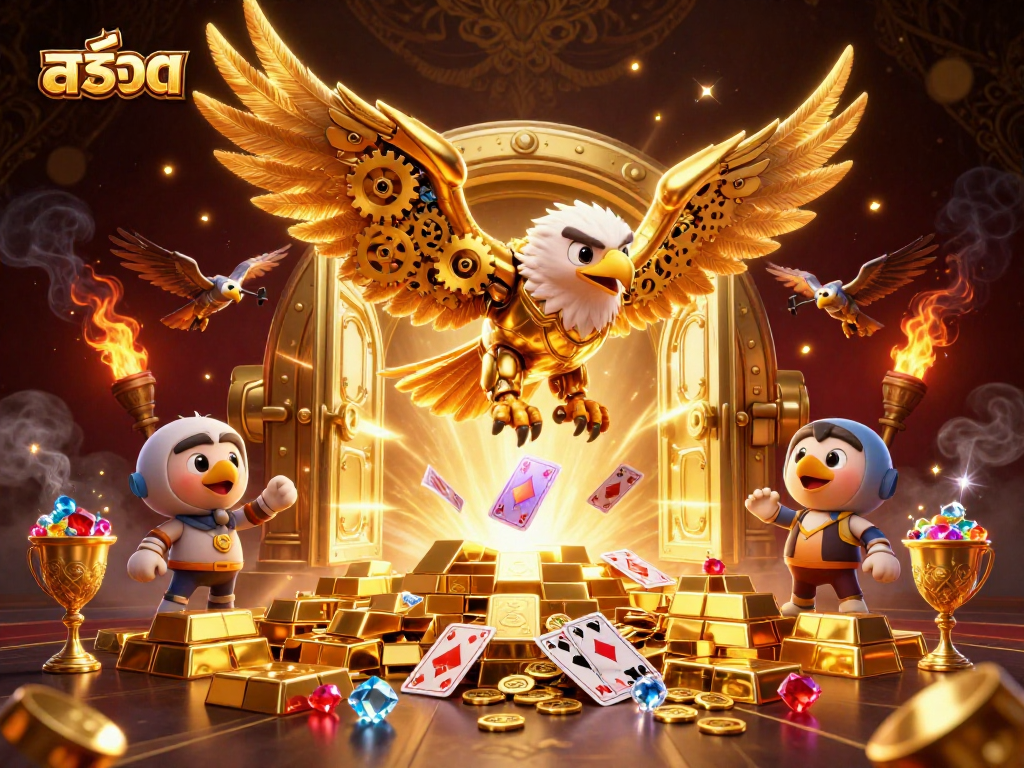 Experience thrilling สล็อต gameplay as the golden eagle dives through holographic cards amidst treasures in 3D casino illustration.