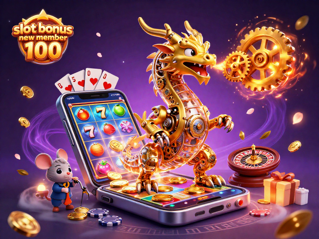 Experience the thrill of the slot bonus new member 100 with dynamic casino elements and a golden dragon.
