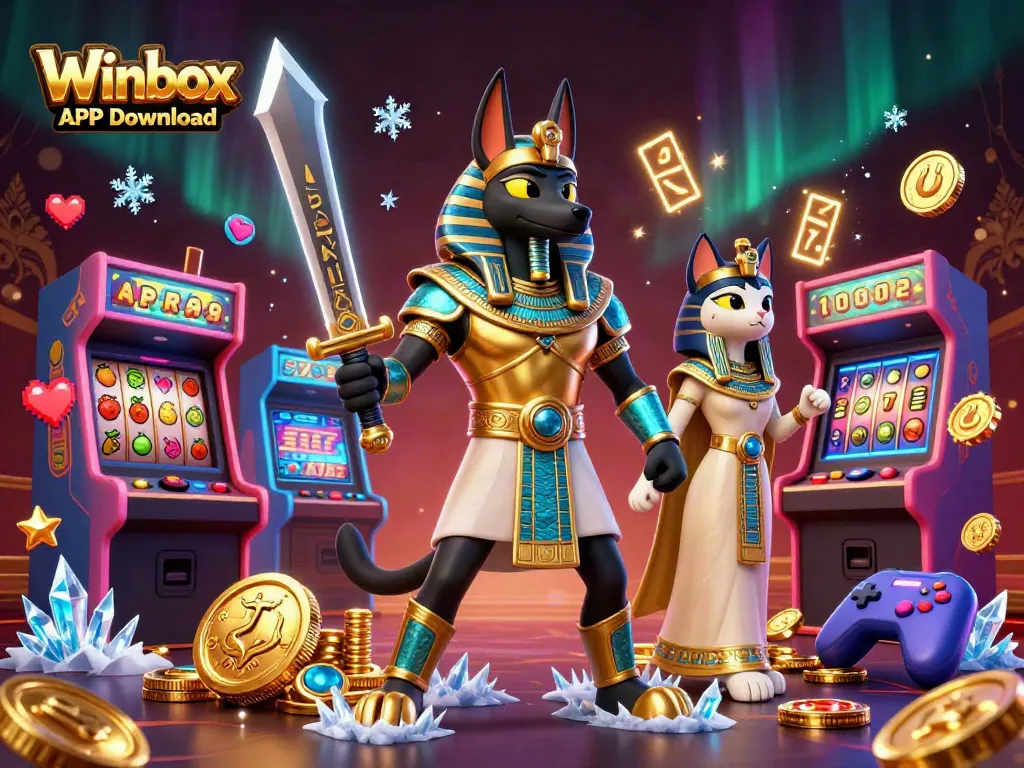 Experience thrilling gameplay with Winbox APK Download, featuring Anubis and Bastet amidst vibrant casino elements.