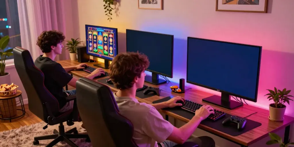 Engaging in ทดลองสล็อต with vibrant graphics on screen in a cozy gaming space.