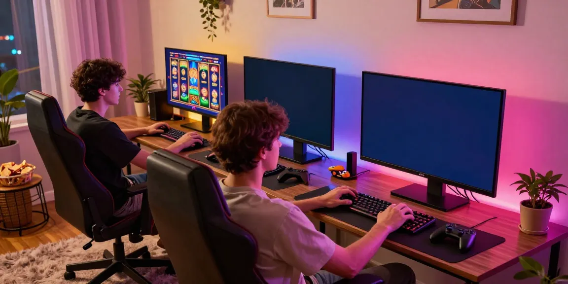 Engaging in ทดลองสล็อต with vibrant graphics on screen in a cozy gaming space.