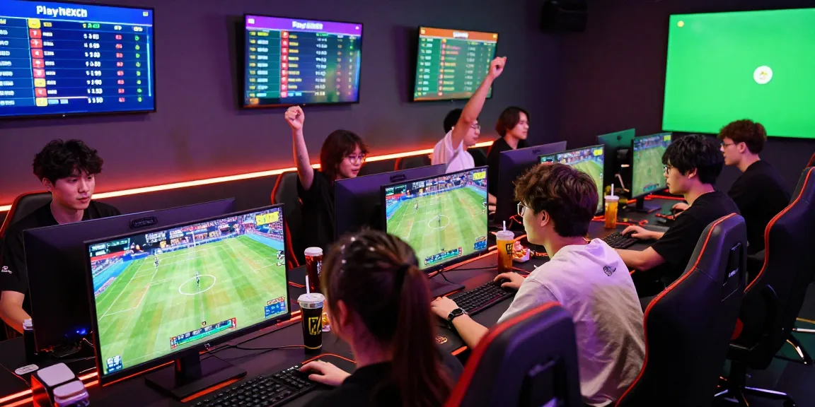 Playinexch online gaming scene with young adults betting, vibrant atmosphere.