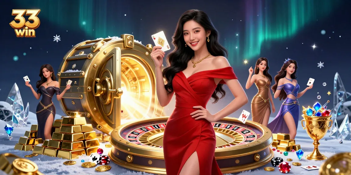 Experience thrilling gaming action with 33 win, featuring a confident woman and golden roulette elements.