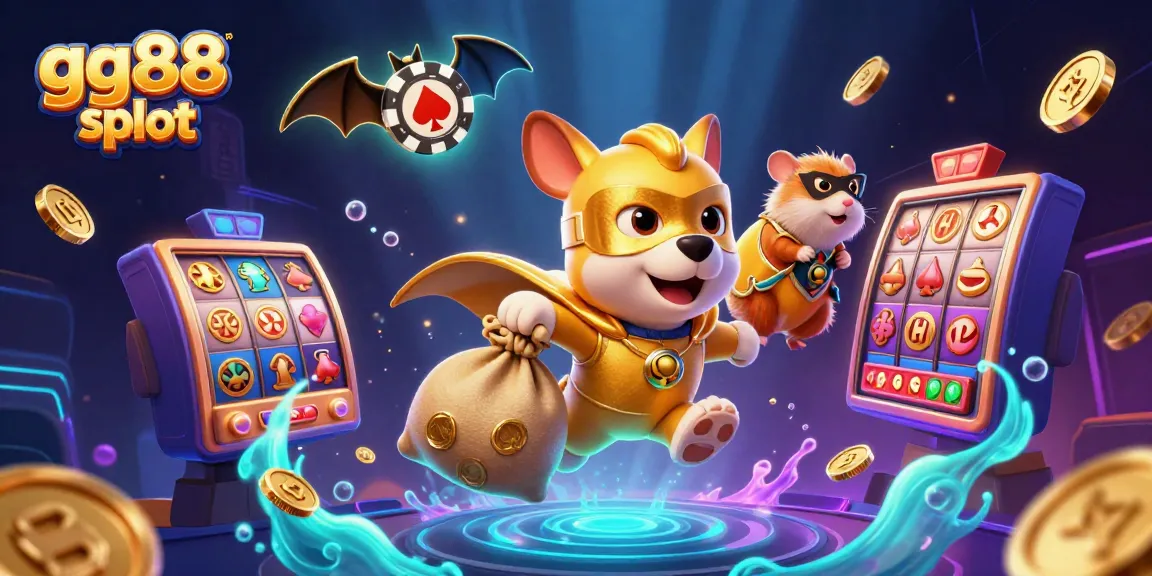 Join the fun at gg88 slot with 3D characters and dynamic casino elements in a colorful illustration.