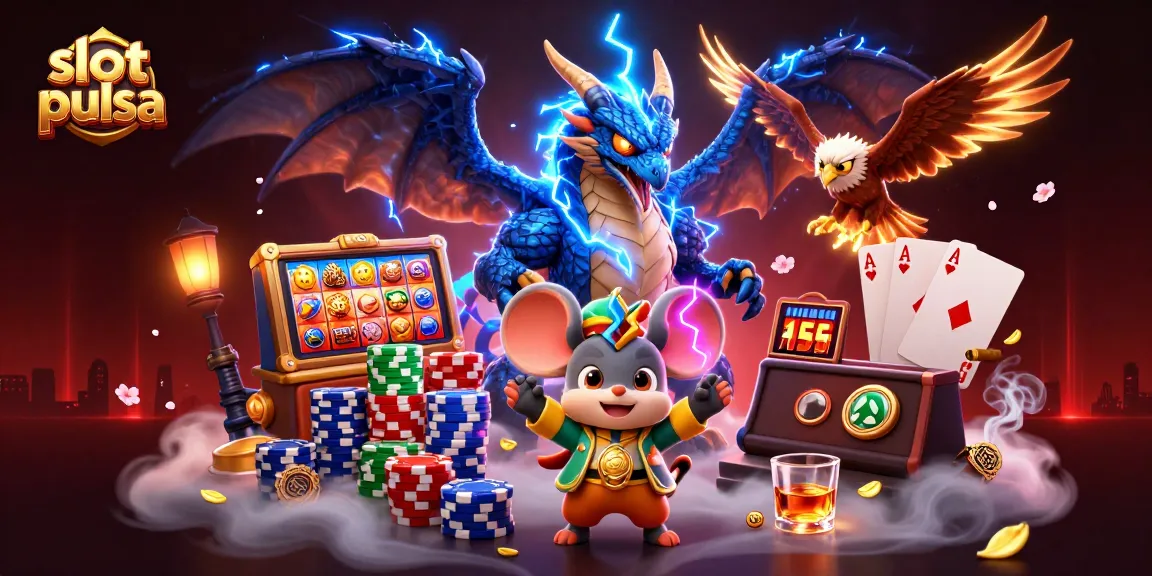 Engage in thrilling slot pulsa action with a powerful thunder dragon, wind hawk, and vibrant casino elements.