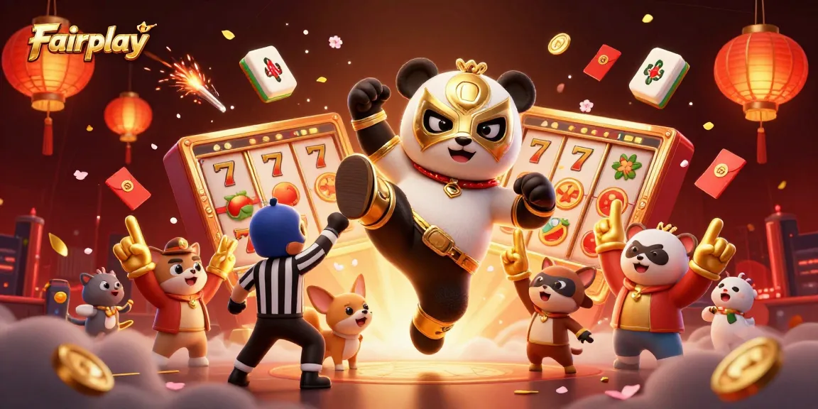 Fairplay illustration showcasing a panda wrestler kicking amidst slot reels, festive elements, and vibrant visuals.