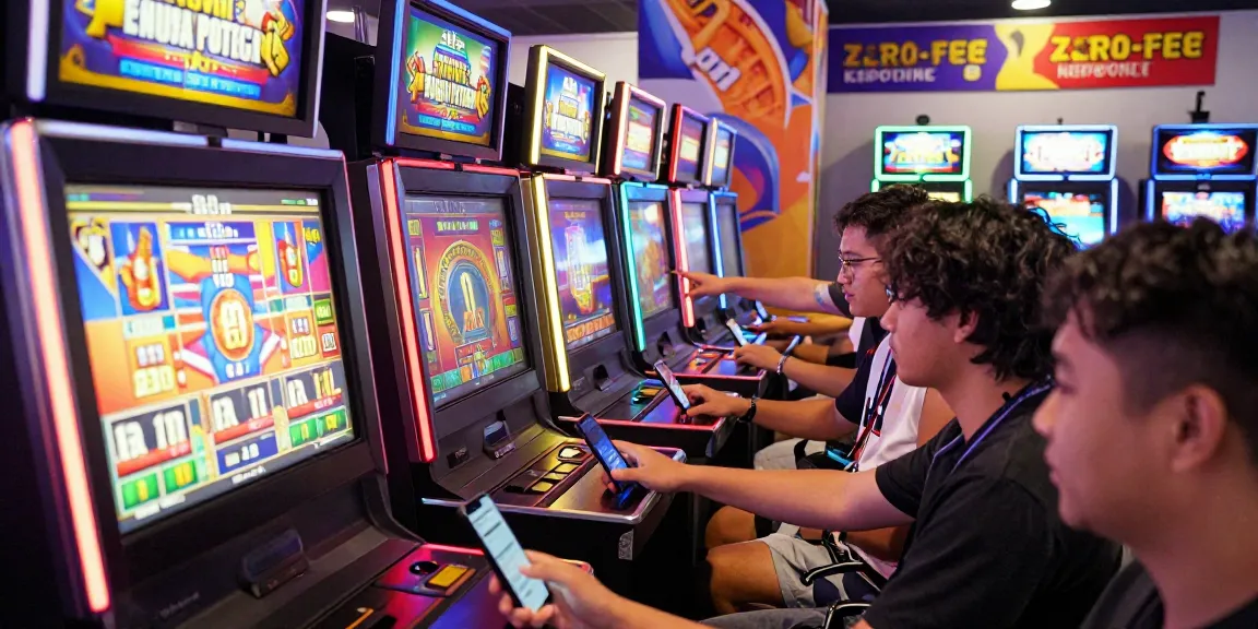 Excited players enjoying situs slot deposit tanpa potongan in vibrant gaming room with zero fees.