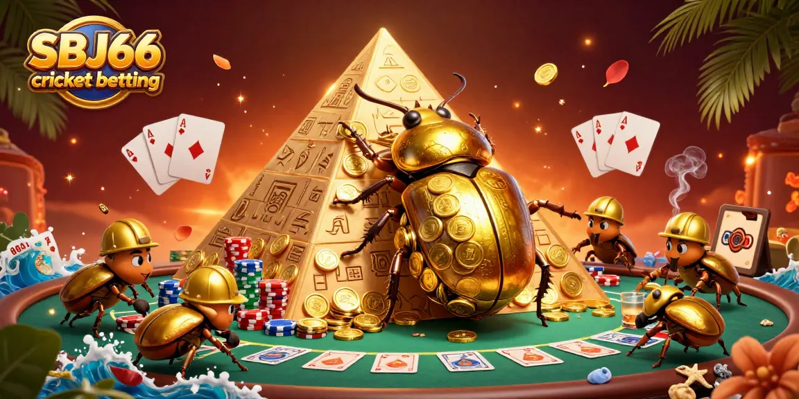 Engage in SBJ66 cricket betting with vibrant casino-themed scene showcasing golden beetles and poker icons.