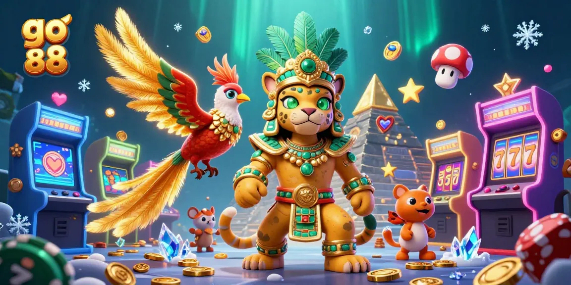 Engage with go 88's immersive casino adventure featuring 3D characters, slot elements, and vibrant casino visuals.
