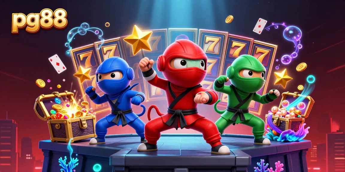 Engage in thrilling slots at pg88, featuring vibrant 3D ninja chameleons amidst festive casino elements.