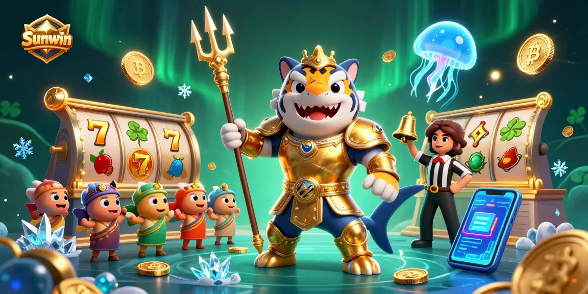 Experience dynamic gaming with Sunwin featuring a gladiator shark in armor amidst slot symbols and mesmerizing elements.