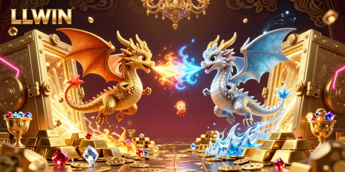 Experience LLWIN's thrilling online casino vibe with two dynamic dragons and treasure in a vibrant setting.