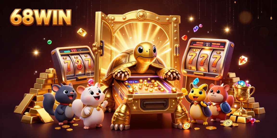 Experience 68WIN's thrilling slots action in a vivid casino atmosphere as joyful characters play.