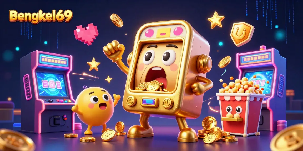 Bengkel69 inspires gamers as a golden slot machine celebrates winning big amidst cheering baby slots and golden popcorn.
