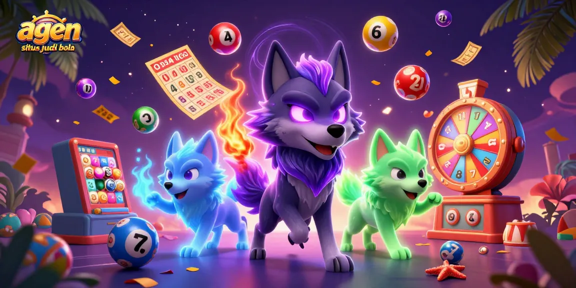 Engage in sports betting adventures with "agen situs judi bola", featuring glowing wolf characters among dynamic lottery elements.