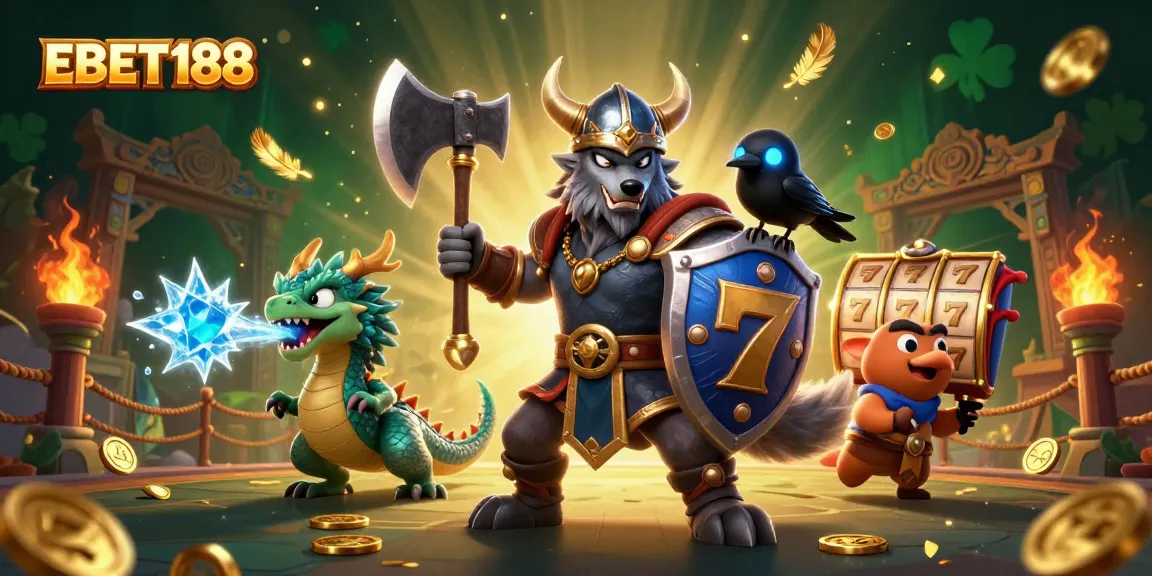 Experience thrilling slot action at EBET188 with a dynamic scene featuring a Viking wolf warrior, dragon, and raven.