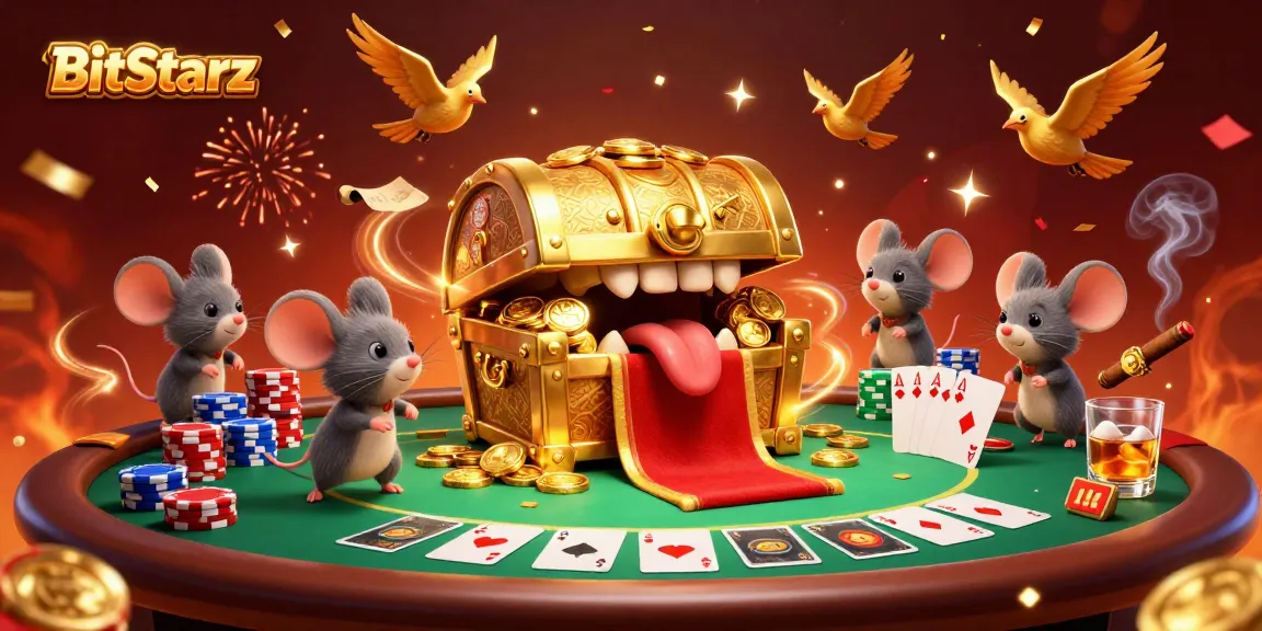 Experience thrilling moments at BitStarz with a treasure chest and adventurous mice celebrating wins