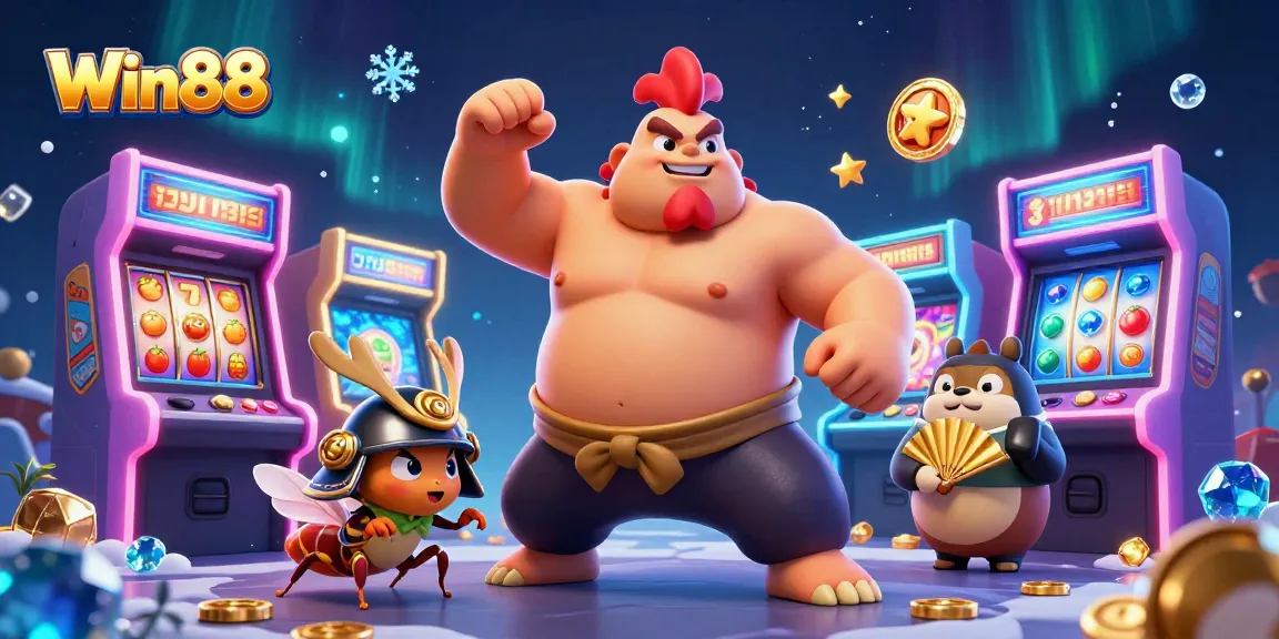 Win88 showcases a dynamic 3D casino scene with a powerful sumo wrestler rooster and vibrant slot symbols.