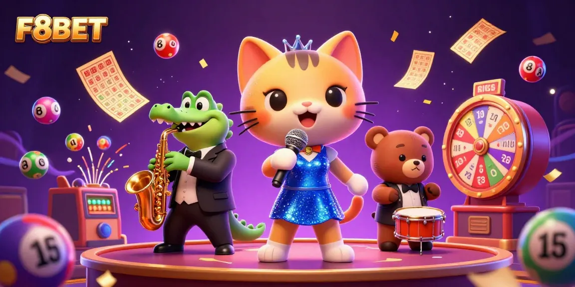 Join the fun at F8BET with vibrant illustrations of characters celebrating in a colorful casino scene.
