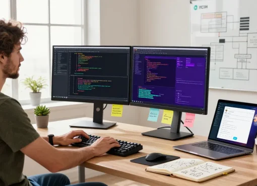 Software developer coding at dual monitors in a vibrant workspace, highlighting the slot for productivity.