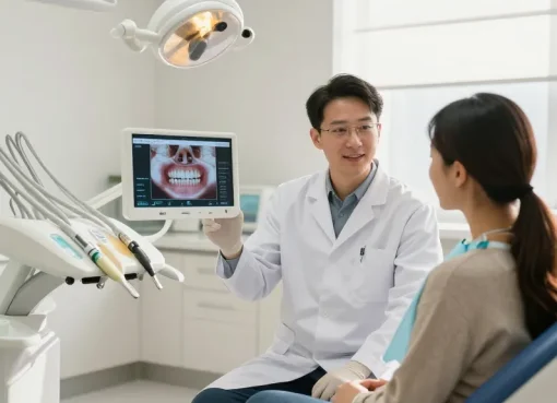 Consultation with a dentist in a modern office as patients check out this site for dental care.