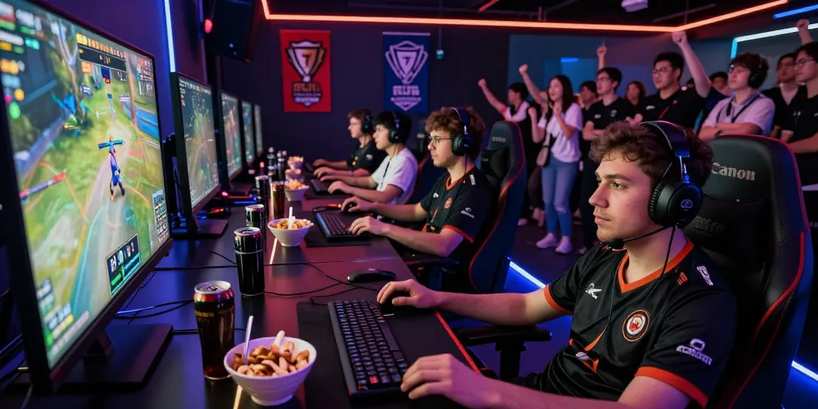 Intense gamers competing in a hit club esports tournament at a vibrant gaming lounge.