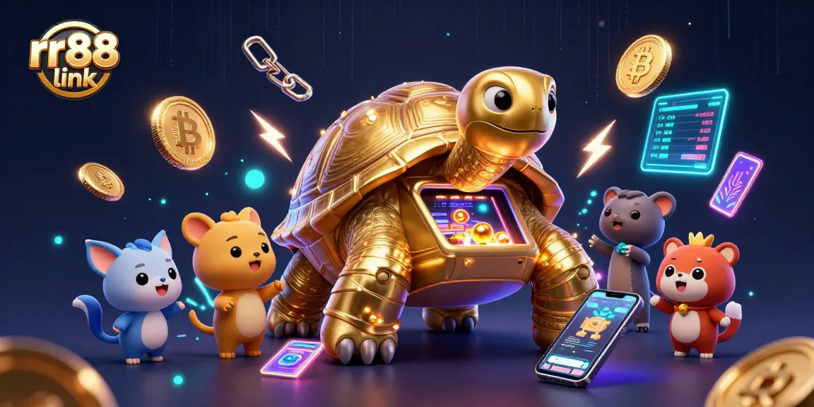 Experience the thrilling rr88 link with vibrant gaming elements and crypto coins in this dynamic 3D scene.